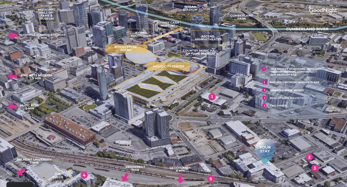A sweeping view encompassing several of Nashville’s key downtown landmarks, including Bridgestone Arena, Music City Center, the Cumberland River, Nashville Sounds Stadium, and the Johnny Cash Museum. The image captures the energy of the city with visible activity such as people attending concerts, exploring museums, dining at nearby restaurants, and enjoying the vibrant urban environment.