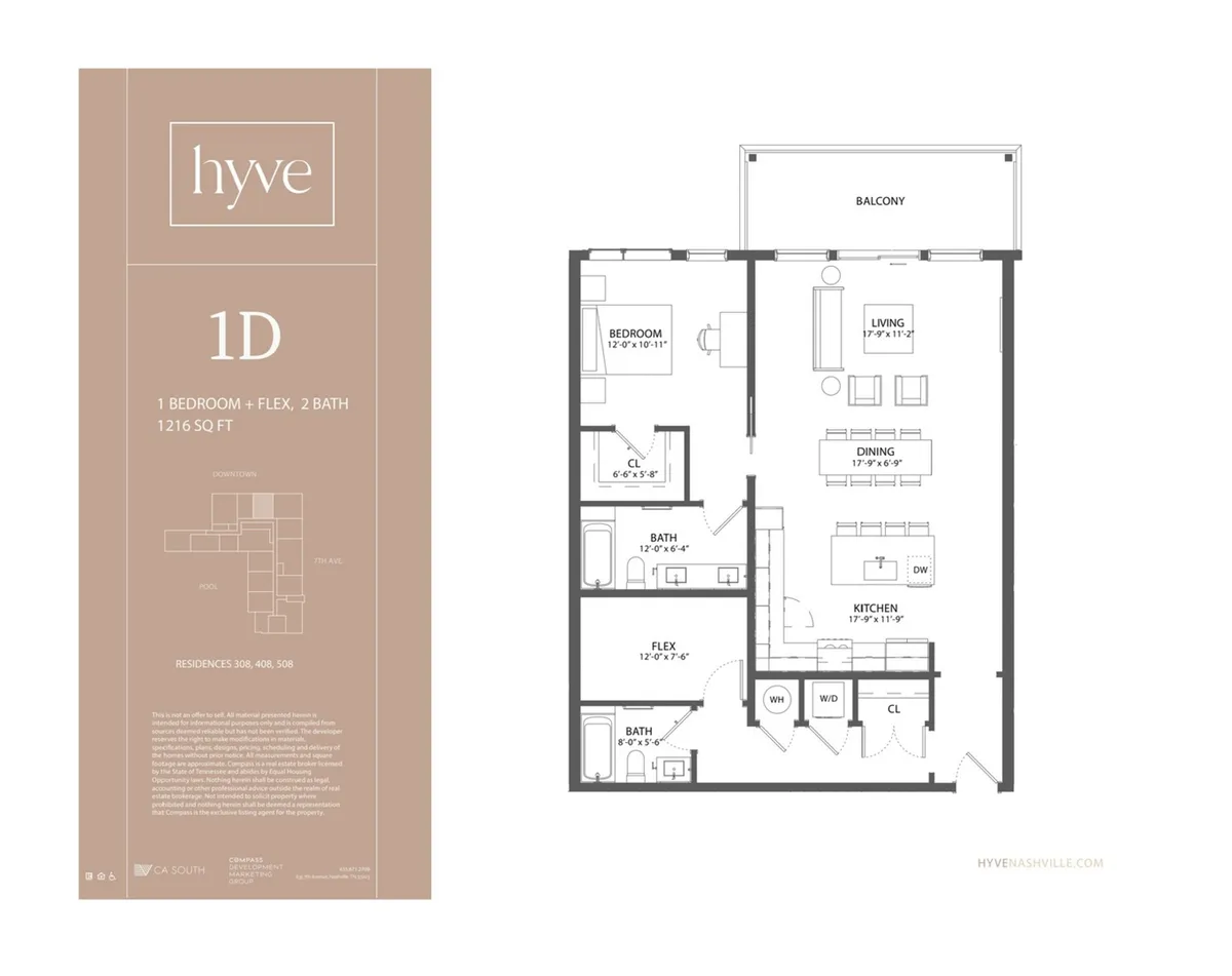 This image showcases an open-concept living area that flows seamlessly into a modern kitchen, with a balcony visible in the background. The scene features comfortable, contemporary furnishings, abundant natural light, and tasteful décor that subtly nods to the local Nashville vibe. The space is arranged for both relaxation and entertaining, with activity zones for cooking, dining, and gathering.