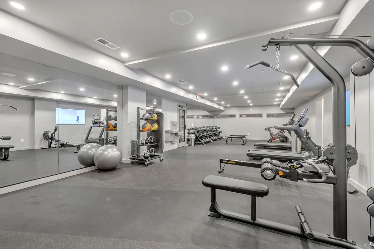 A bright, well-equipped fitness center with a range of exercise machines, free weights, and exercise balls. The space is open, motivational, and conducive to both solo workouts and group fitness sessions.